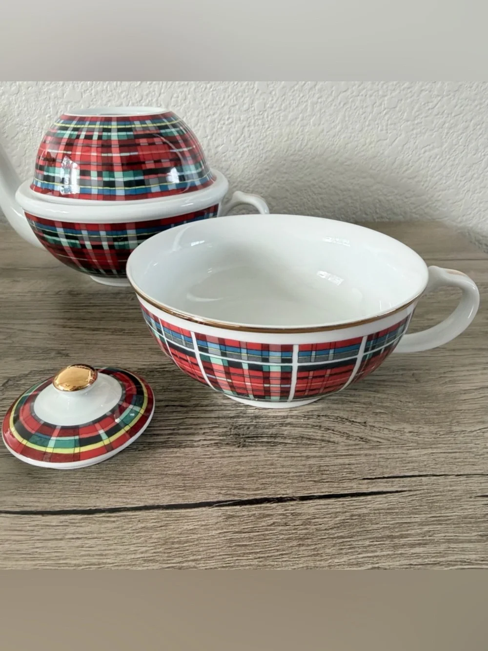 Williams Sonoma Stuart Dress Tartan Individual Teapot Cup Combo Plaid Red Japan